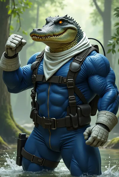 (A rugged beefy extremely muscular bulky smiling  crocodile man), (wearing blue fully-zipped fullbody wetsuit), fist up pose, wearing bulky harness, wearing bulky scuba gear, wearing white hero scarf, muscular physique, toned muscles, fierce, heroic, actio...