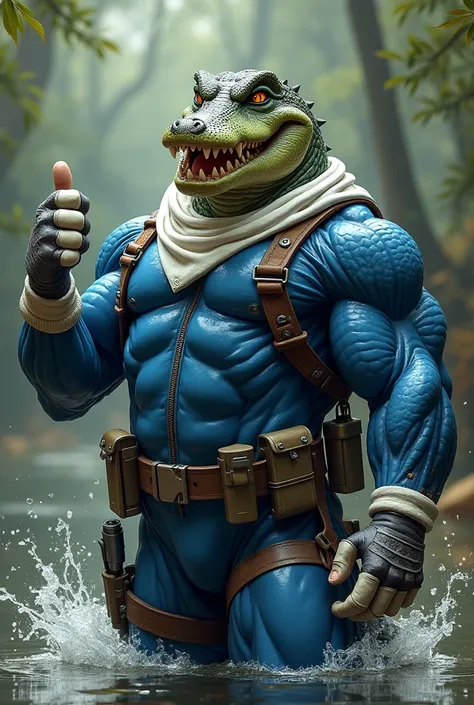 (A rugged beefy extremely muscular bulky smiling  crocodile man), (wearing blue fully-zipped fullbody wetsuit), thumbs up pose, wearing bulky harness, wearing bulky scuba gear, wearing white hero scarf, muscular physique, toned muscles, fierce, heroic, act...