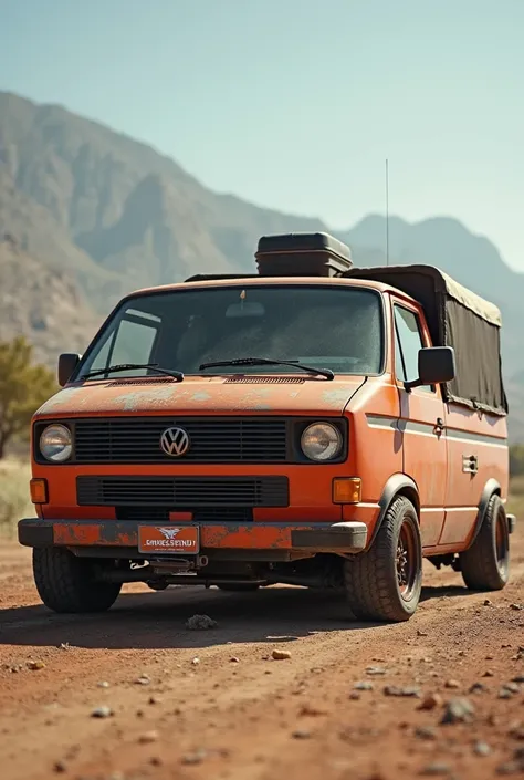 A lowered VW T3 pickup, with tarpaulin structure and a Simson swallow on the loading area