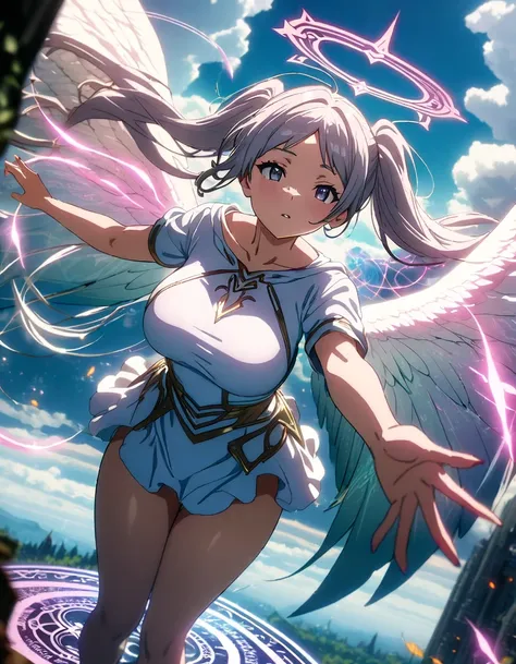 masterpiece, best quality, amazing quality, very aesthetic, high resolution, ultra-detailed, absurdres, newest, scenery,depth of field,(anime,anime coloring), 1girl , Silver Hair、 twin tails、 long hair、((( dynamic angle:1.5)))、(((Big magic circle:1.5)))、((...