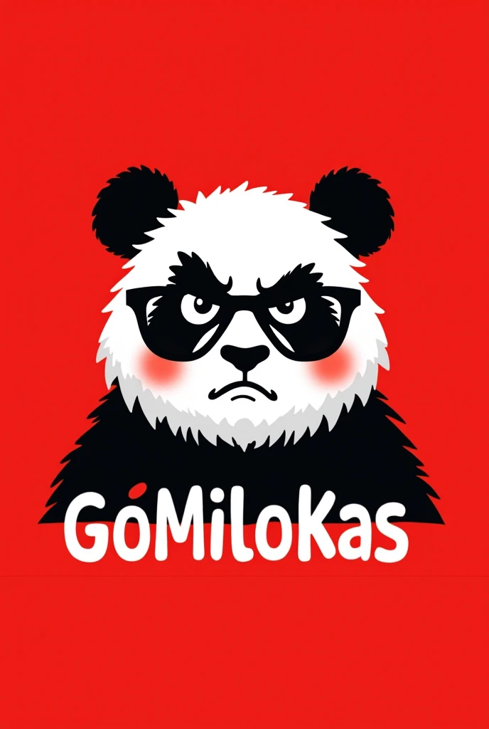 Create a logo for my company that sells enchilada gummies that has an angry panda bear with lenses and that has a red background, The name of the company is Gomilokas 