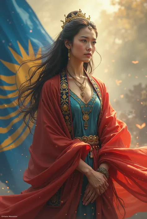 Mongolian goddess 。1 person。Beautiful Goddess。 wears the Mongolian flag。