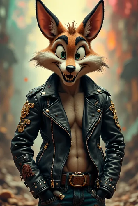 Create an image of the Looney Toons coyote with their biker jacket