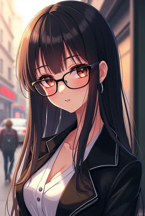 beautiful anime-style girl with long straight hair,  urban dress , with glasses.