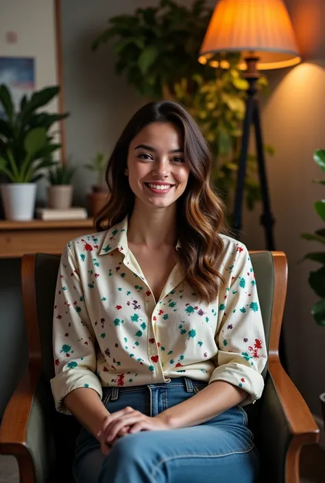 A young woman wearing a stylish paint shirt sitting in a chair podcast 