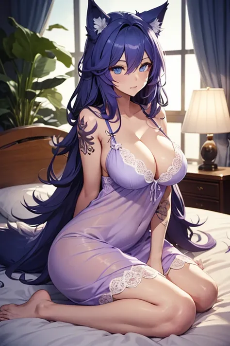 (High quality) Long purple hair with blue highlights in her hair, blue eyes, wolf girl, wolf ears, tattoos on her arms and cheast, lean yet busty body, big sized breasts, exposed cleavage, in the bedroom at night, well made bed, flowers and plants in the b...