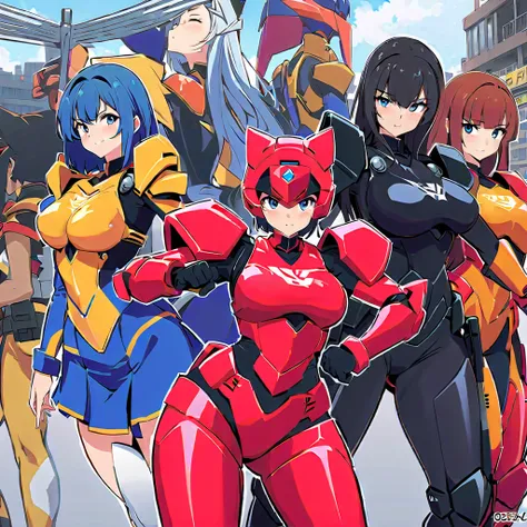 super sentai series, mecha Soft-armors, "automotive-like" details on their mecha soft-armors, girls surrounding, multiple girls, curvy body