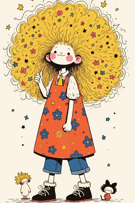  line doodle girl ，Low Fidelity， Young woman with round hair  ，  huge hair  ，   drawn in a naive style  , Lovely art style, Colorful illustration,  Curly blonde hair  | d & d, Low Fidelity女孩,   Her hair is Starry River  , Cute cartoon 