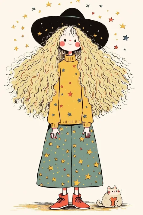  line doodle girl ，Low Fidelity， Young woman with round hair  ，  huge hair  ，   drawn in a naive style  , Lovely art style, Colorful illustration,  Curly blonde hair  | d & d, Low Fidelity女孩,   Her hair is Starry River  , Cute cartoon 