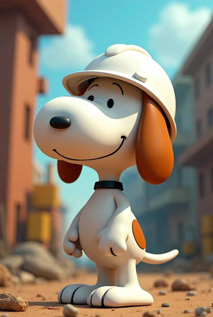 Snoppy dressed as an engineer wearing a white helmet