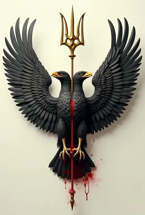 dead double-headed eagle (eagle with two heads) bleeding from the Ukrainian golden trident in the form of a pike or spear (coat of arms of Ukraine) on a light background