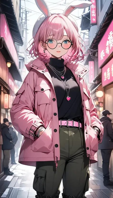 （ Navy Blue Shorthair Bob 、 bangs）（Height: 160cm）((A cute white knitted hat with bunny ears, a pink military-style winter coat, a black turtleneck fleece with pink lace-up decorations, a pink and white belt, dark green cargo pants, pink and black winter bo...