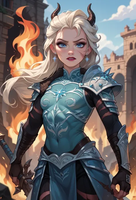 Elsa, outdoors,front view,looking at the viewer,world is on fire,apocalypse atmosphere,end of days,Elsa looks hungry,very skinny, wearing body armor, battle scars, warrior, demon, demons. 