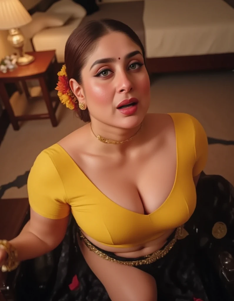 Pov camer view, romi on knees, looking at camera, blue eyes, with lust in her eyes, tongue  out from mouth,blonde hair tied around, flowers in head, mangalsutra in neck, black saree, red lips, black eyeliners, eyelashes, noserings, sexy cleavage, yellow co...