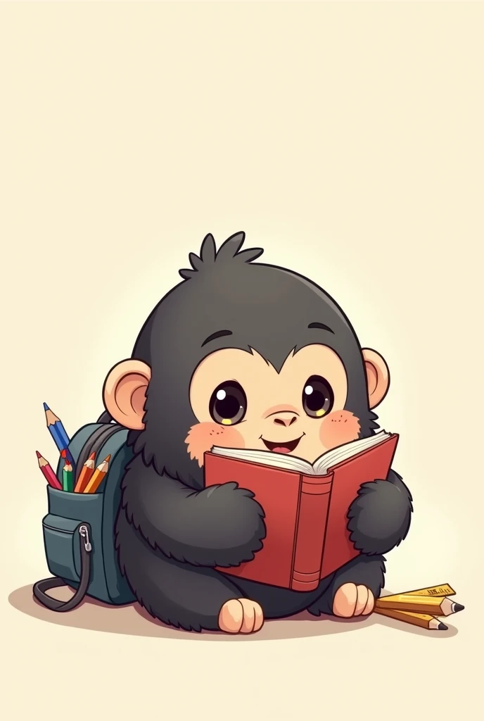 A cute chibby gorilla, more minimalist with a book in hand and school supplies around it, Like a pencil,  a ruler , a backpack