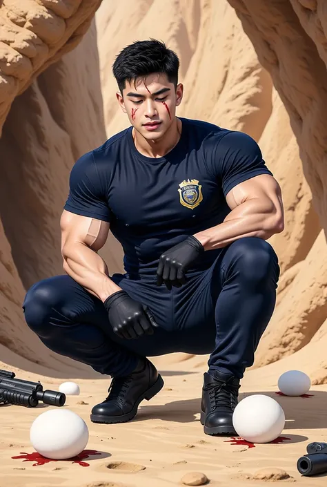 An anime-style illustration, Wounded man, short hair, black skinhead hair  ,Wear a navy crew neck short-sleeved T-shirt with a police logo , navy cargo pants  , black gloves, On the ground there is armor, guns falling, 2-3 large white eggs on the ground in...