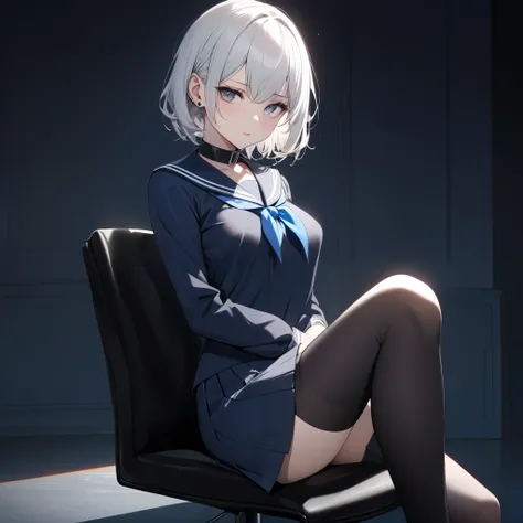 High resolution, high quality, HD, beautiful female, 1 female, pretty, cute, ager, indifferent, emotionless, kuudere, calculating, sexy, lewd, manipulative, short white hair styled neatly with soft layers framing her delicate face, piercing gray eyes that ...