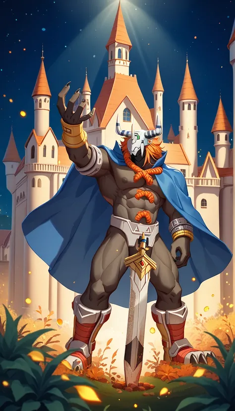 Wargreymon, Digimon( Black Body , blond), scale ,delicate face, Delicate Eyes, Black Body の、 King Arthur's Costume、king of knights, Shrimp,  Compa、 Indigo Eyes 、Dark blue cloak、god々 New Golden Crown 、(( Crotch Bully ))、 orbital space、 Camelot Castle in the...