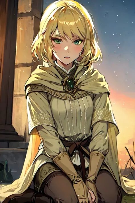 roderika, blonde hair, green eyes, cloak
masterpiece, best quality, absurdres, bonfire, outdoors, sitting on ground, sad