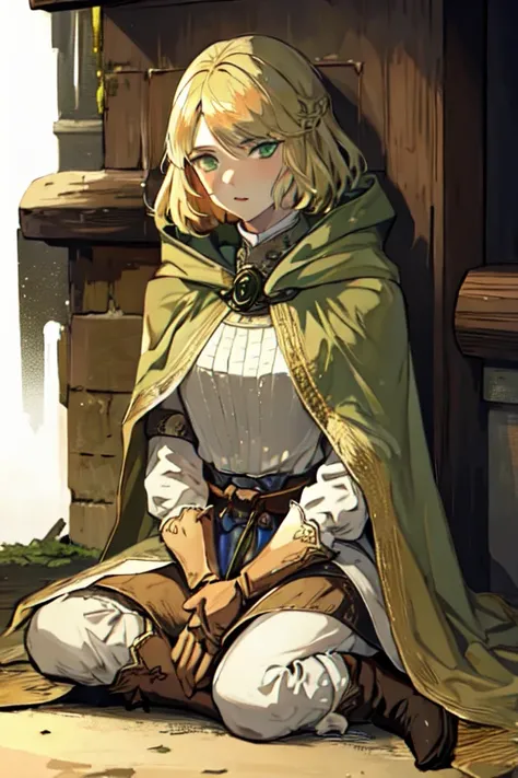 roderika, blonde hair, green eyes, cloak
masterpiece, best quality, absurdres, bonfire, outdoors, sitting on ground, sad