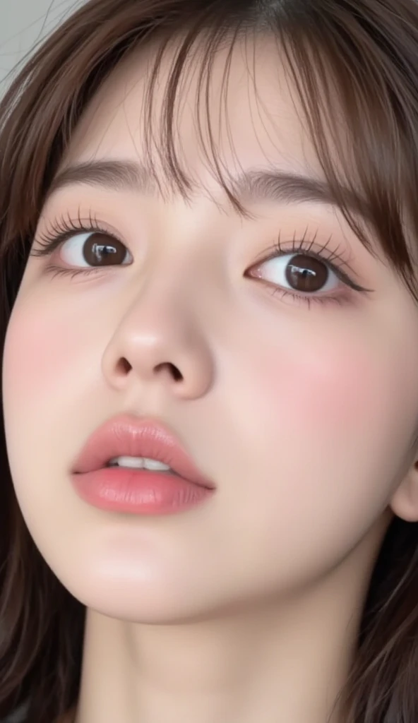 A beautiful 19-year-old Korean age girl with large, sparkling eyes that shimmer like gemstones, framed by thick, curled eyelashes. Her chubby, soft cheeks make her look even more youthful and adorable, while her small, glossy pink lips add to her irresisti...