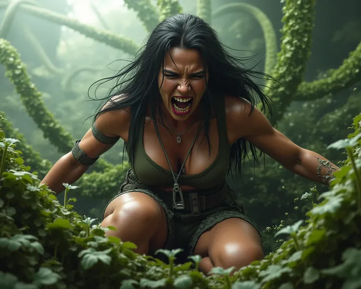 Female marines are being eaten by giant plants。
 she is screaming in so much pain。
She has wide open thighs。
The plants are slurping her。
Live action style
crying and asking for help 