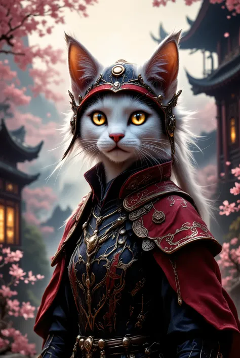  A beautiful cat in samurai light armor with a beautiful red-black hat, very cute and beautiful ,  cherry blossoms fly with a gentle background ,  ancient Chinese buildings ,  very pretty colors ,  masterpiece, 8 k,  better quality,  complicated details,  ...