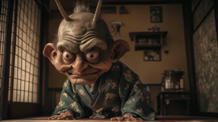 Inside the Japanese-style room、A thin old man wearing a kimono、Big headed monster、Shallow depth of field, Vignette, Very detailed, High budget, Bokeh, CinemaScope, Sulky, amazing, nice, Film Grain, granular . Creepy, Anxious, dark, Creepyな, Suspenseful, st...