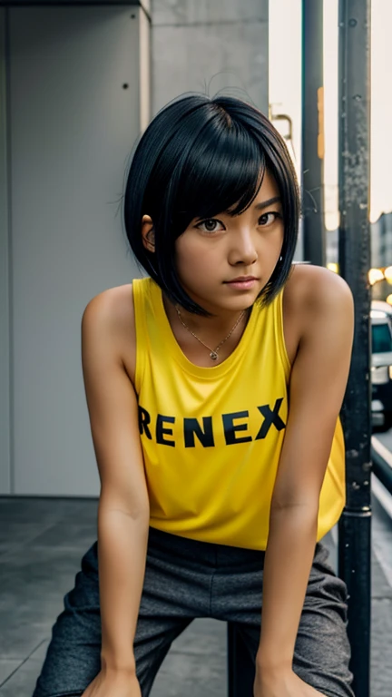   high resolution,   boyish,    in the seat,  black hair,  shortcuts,   Asymmetric Hairstyle ,  Asymmetrical bangs,   yellow eyes, Round and round eyes, Eyes with three circles,  Skater Style Street Fashion, slightly oversized bottoms,  are standing, futan...