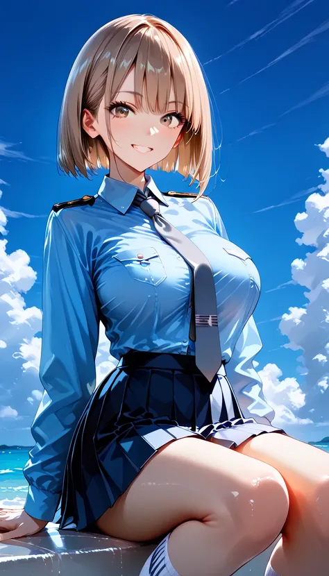 (( light blue colored shirt :1.2,  navy pleated mini skirt ,  socks,  navy tie ,  Light Brown Cardigans :1.3,白のルーズ socks:1.3)),School, detailed face,A perfect smile, (  perfect anatomy for the lower abdomen,  anatomically accurate ,  HIGH DEFINITION SKIN),...