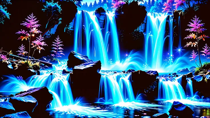 32K Resolution Masterpiece , top quality , super detailed, Extremely high resolution 32K wallpaper , the flow of many layers of waterfalls , a waterfall shining in cobalt blue luminescence, super detailedな特徴, Awe-inspiring Details . Spectacular Wate...