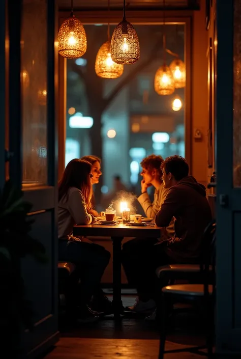  Imagine a cafe in the middle of the city at night .  The main lighting comes from the chandeliers above table and several candles placed in the corners of the room,  creates a warm and intimate atmosphere .  At one of the tables by the window ,  a group o...