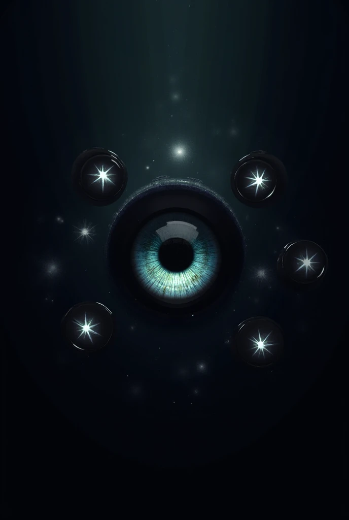 Make an eye with the black sclera and six black spheres surrounding the iris with one star each (Four-pointed)