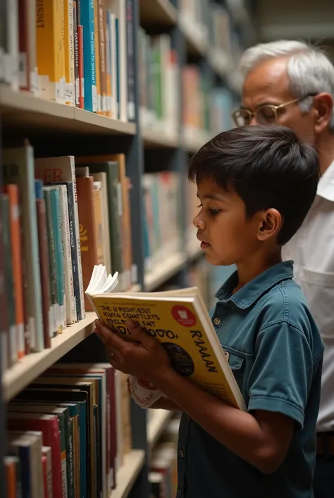 "A  boy is in a library with his grandfather, browsing books. The boy finds a book titled 'The Greatest King of Sri Lanka History: Ravana' on a bookshelf and picks it up. The scene shows the boy and his grandfather surrounded by books, with the boy looking...