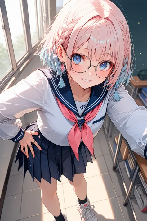  Masterpiece,   top quality,  best image quality,  1 girl, School,  standing, (( light pink hair)), (( light blue hair)), (( partly light blue braids)),  short hair, ((Light blue braid with a length that hangs over the shoulder)), Earrings, whole body, uni...