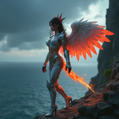 - Photorealistic with perfect details, Cinematic, Masterpiece, HD, Sexy CGI.

- Beautiful "Japanese" woman with white eyes.

- Wearing a costume ("Full Sexy Armor"), a costume that embodies the form of "Akatorimon-Digimon", (Armor Chest and Thighs open).
T...