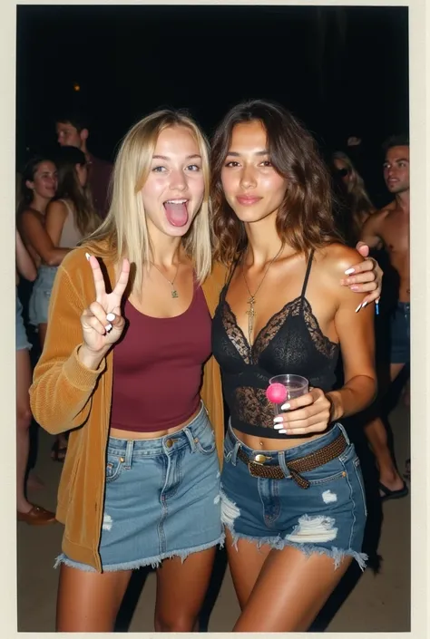 a polaroid picture of a age girl with back length straight blonde hair and blue eyes, with a wine red tank top on and a denim skirt with an unzipped brown corduroy jacket on top. she has a small dainty gold cross necklace on. she has one eye open and the o...