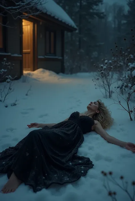 a beautiful women in a black gown and light curly hair died in a snowy dark night in front of his door house