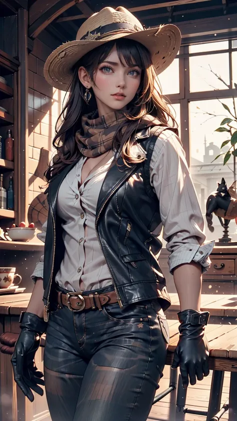  Western Cowboy Style,  cowgirl,  photography,  top quality,  by Nomi,  by Nomi,  intricate details, (Fine details), ( intricate details),   cinematic light ,  top quality backlight,  clear line, 8k,  ultra high resolution, pureerosface_v1,、 cowboy hat、 sc...