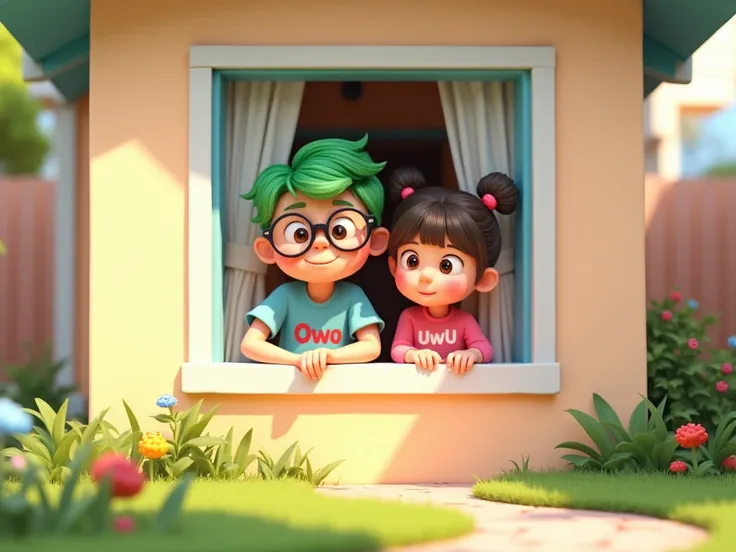 A 3D Pixar animation style illustration with a soft and friendly pastel color palette. The exterior of a cozy house with pastel-colored walls and a large window is shown. Through the window, Owo and Uwu are seen together, peeking out with expressions of cu...