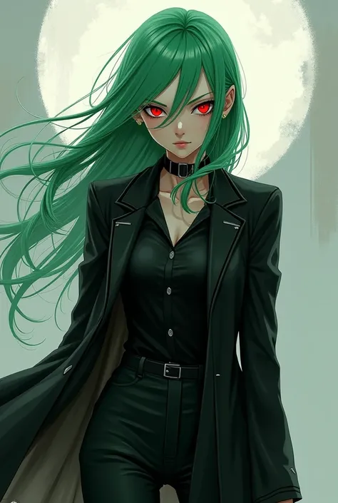 Create an image of a female anime character with black coat and pant with green hairs and red eyes