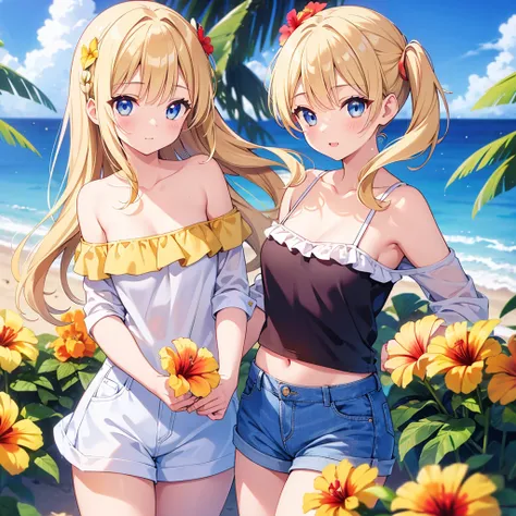 (( top quality)), (( Masterpiece)), (  Details),  Perfect Face, (( top quality, 8k,  Masterpiece: 1.3)), Highly   Details face and skin texture,  Fine grain ,  double eyelids, A girl with a big flower ornament on her hair,   Hibiscus , Buttercup , ,  blond...