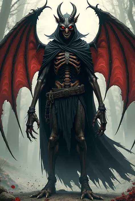  4-armed Demon anime version ,  Horrible monster-like figure , Skeletal format ,  Rotting Horsehead ,  Owl Eyes and Dragon Wings , goat feet ,  demonic dark look ,  Wearing a black cape and torn clothes,  DARK art without colors , dead colors