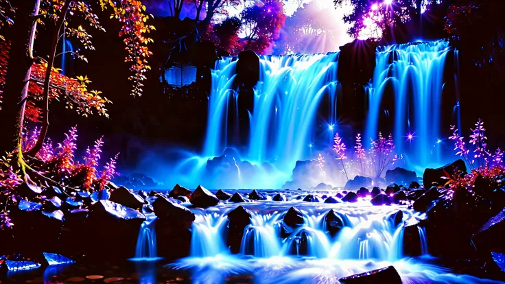 32K Resolution Masterpiece , top quality , super detailed, Extremely high resolution 32K wallpaper , the flow of many layers of waterfalls , a waterfall shining in cobalt blue luminescence, super detailedな特徴, Awe-inspiring Details . Spectacular Wate...