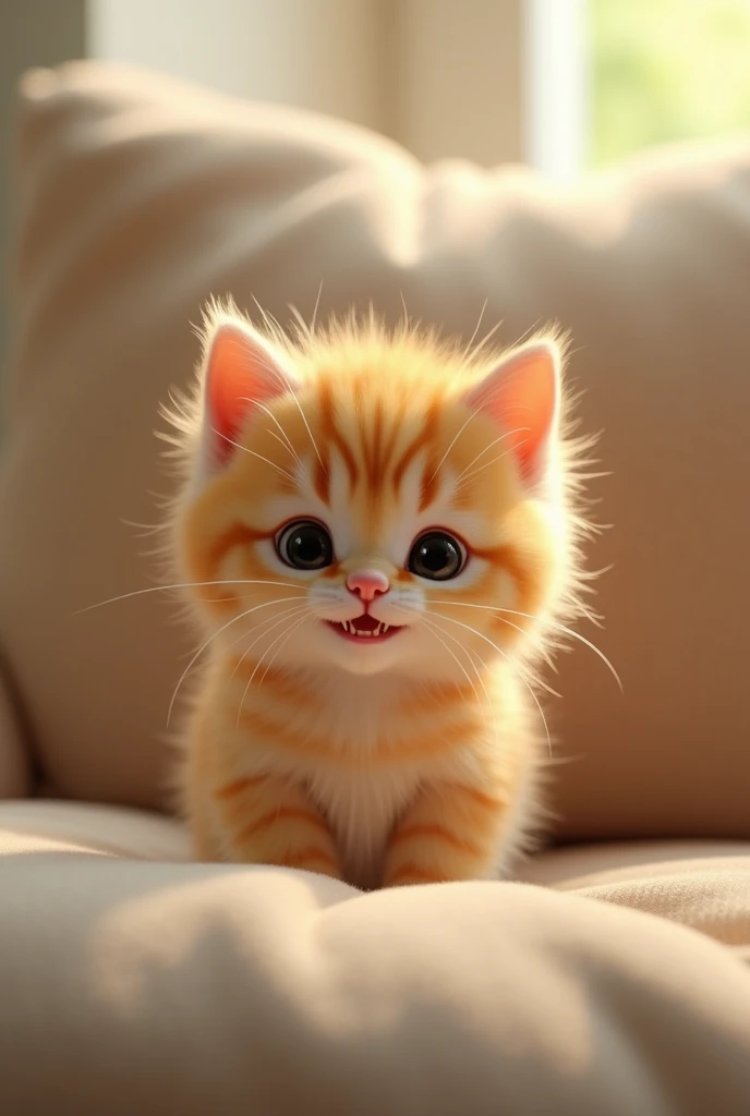 Prompt for Hyper-Realistic Image:

Scene:

Setting: A comfortable beige sofa in a cozy and well-lit environment.
Main Focus: A cute and fluffy yellow kitten with soft fur and bright eyes.
Action:

Start: The kitten is relaxed on the beige sofa, looking cur...