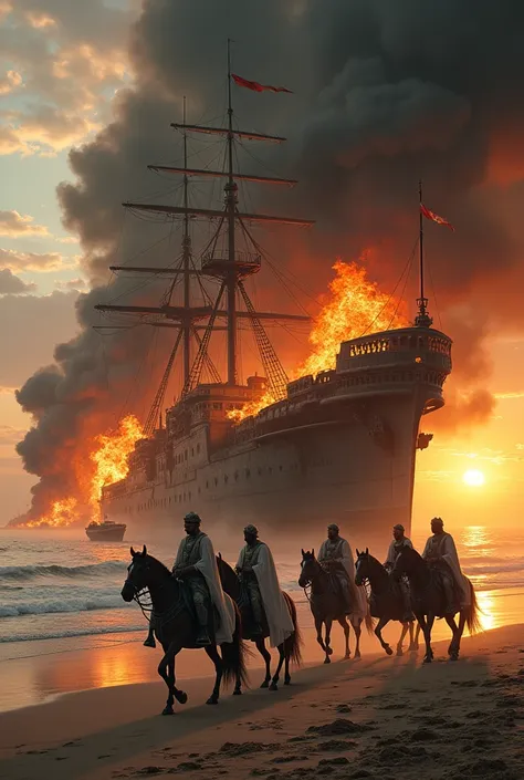 A huge warship burns on the beach. Fire fills the sky. Four Arab knights and an Arab woman on horses go ashore