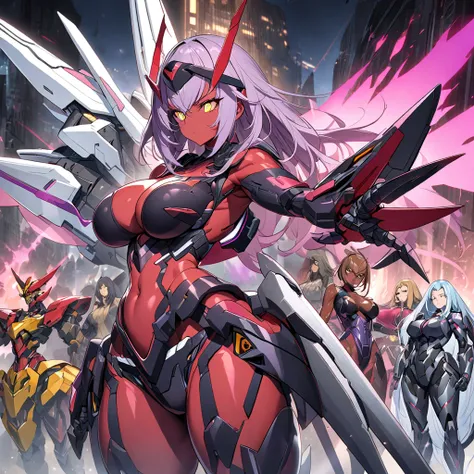 Anime, high detailed, multiple womans, mature womans, mecha armor, large mechanical wings, "Automotive-like" details on their mecha armors, serious, large clawed Gauntlet, red skin, curvy body, long mechanical tail,pink sclera、Colored sclera、crimson Colore...