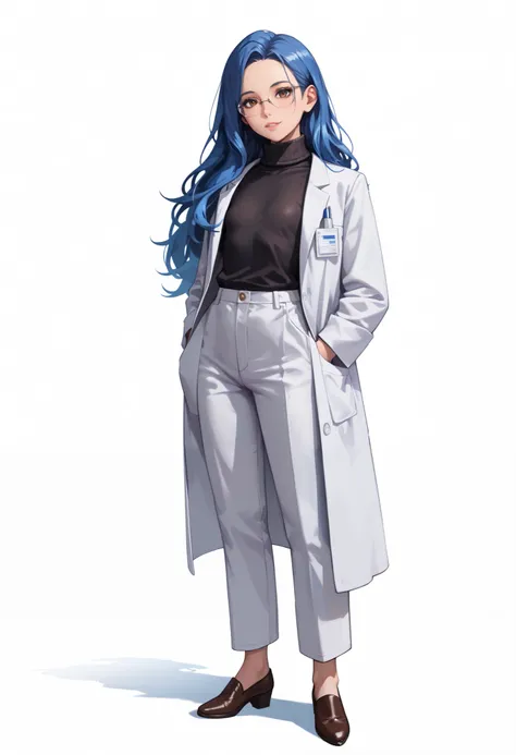 ((White background )) (Curve:1.1) rathing_safe ,((1girl)) , (solo girl) ,((Straight and blue shiny hair)), Slim face (straight blue long hair:1.5), lip stick, (brown eyes:1.2), Age 29 years ((Asia girl))  (Wearing glasses) ((white lab coat:1.4)) ((Black tu...