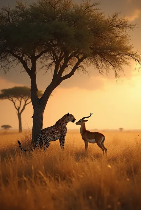 A vast African savannah during a gentle sandstorm. A leopard and a gazelle huddled together, sheltered under a tree, sharing a moment of quiet companionship. The warm golden hues of the savannah contrast with the stormy sky above. The leopard has a protect...