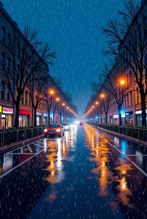 Please draw a street made of raindrops, and a night full of flashing lights and lights, and in the center of the lights there are awake eyes, real eyes like human eyes, and all the colors of the painting are mixed together like a wet painting on which wate...